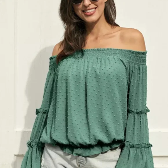 ♥️New boutique Swiss dot off shoulder top - Picture 2 of 16